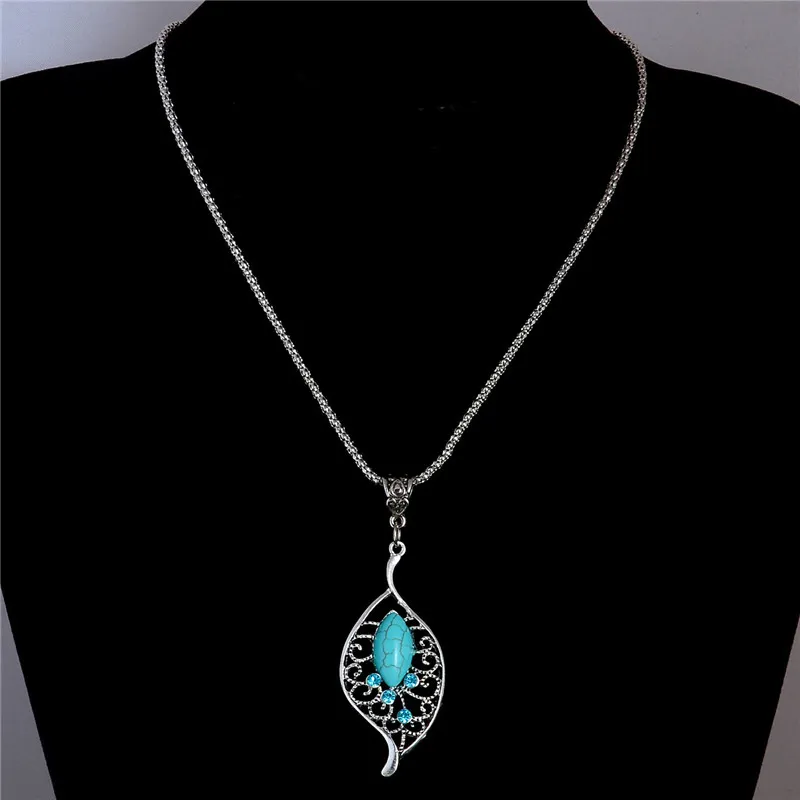Wholesale- Rhinestone Crystal Leaf Pendant Necklace Vintage Turquoise Costume Jewel Sweater Chain TL198 Necklaces
