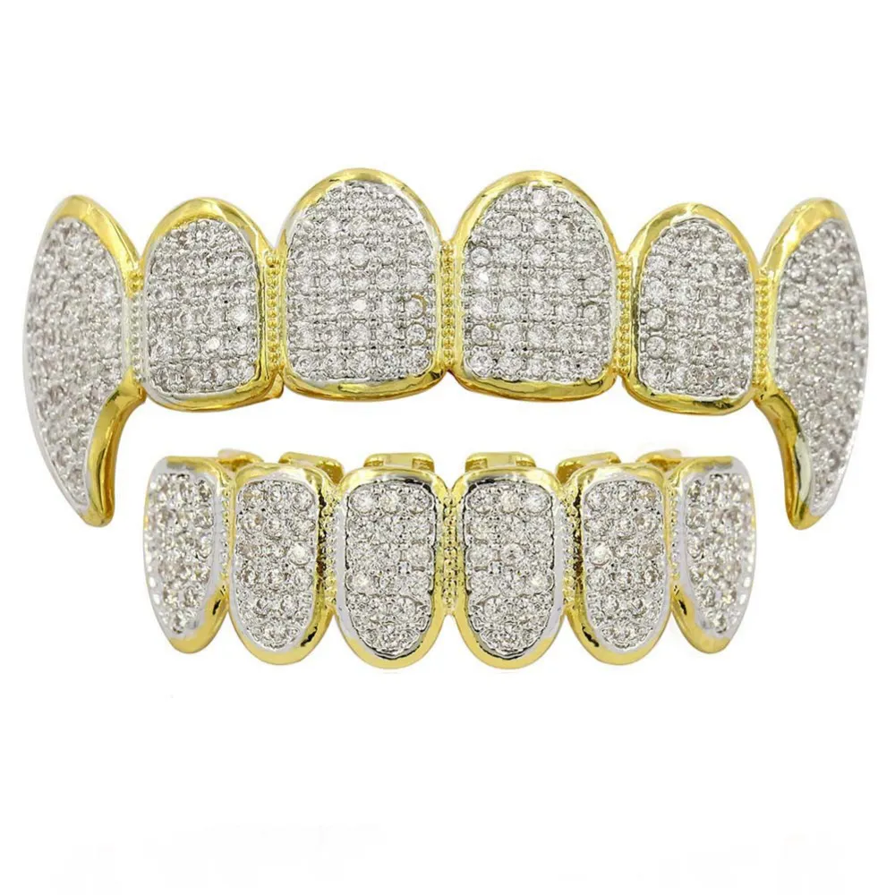 NEW Shining Hip Hop GRILLZ Iced Out CZ Fang Mouth Teeth Grillz Caps Top Bottom Grill Set Men Women Vampire Grills3858820