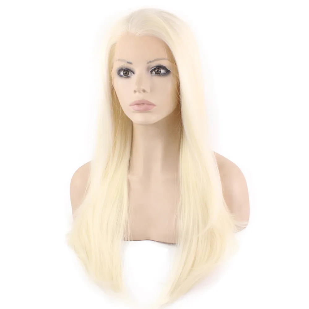 Long Platinum Blonde Straight Heat Resistant Synthetic Fiber Lace Front Wig Natural Hairline S02