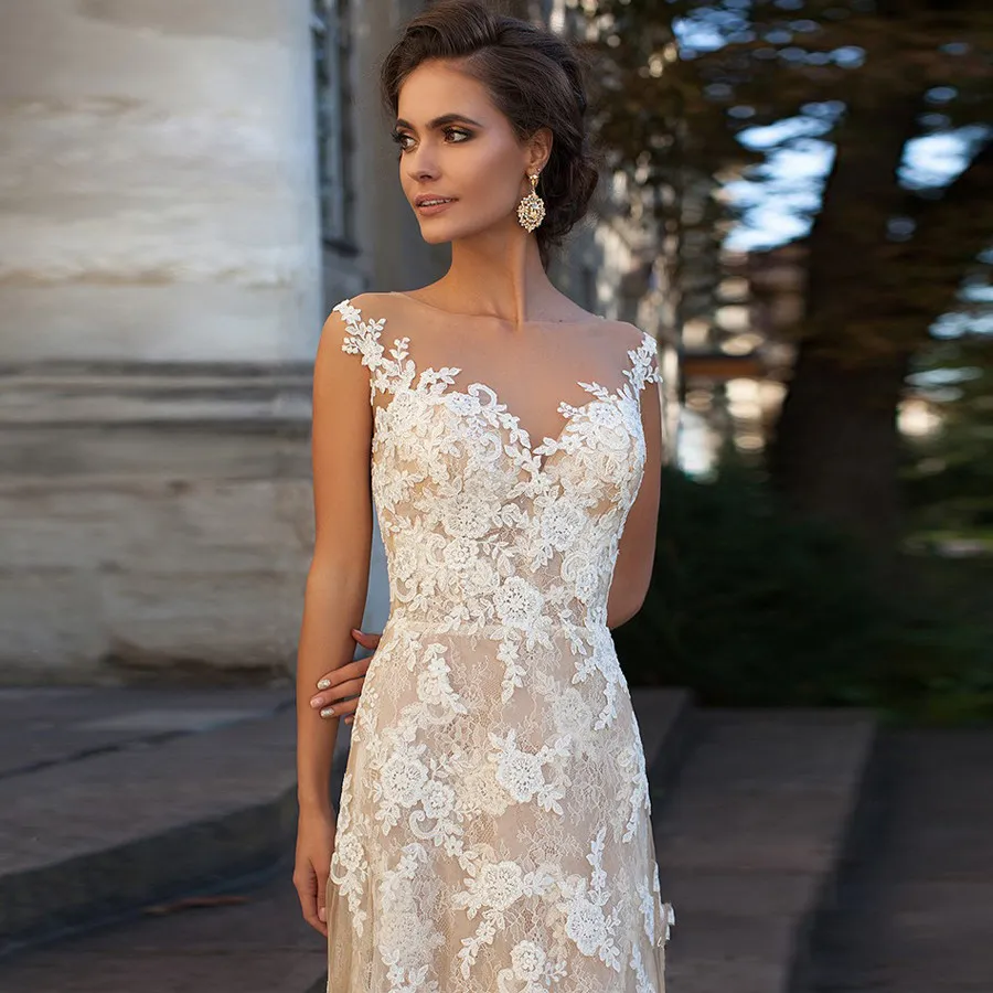 Dantel Elbise 2020 Illusion Boyun Çizgisi Aplikler Vintage Gelinlikler Robe De Mariage Kılıf Gelinlik Sheer Back Vestido