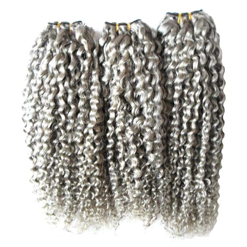 Extensões de cabelo cinzento tecer kinky curly cabelo humano pacotes 3 pçs / lote Virgem brasileira onda pêlos tece, desenhado duplo, sem derramamento