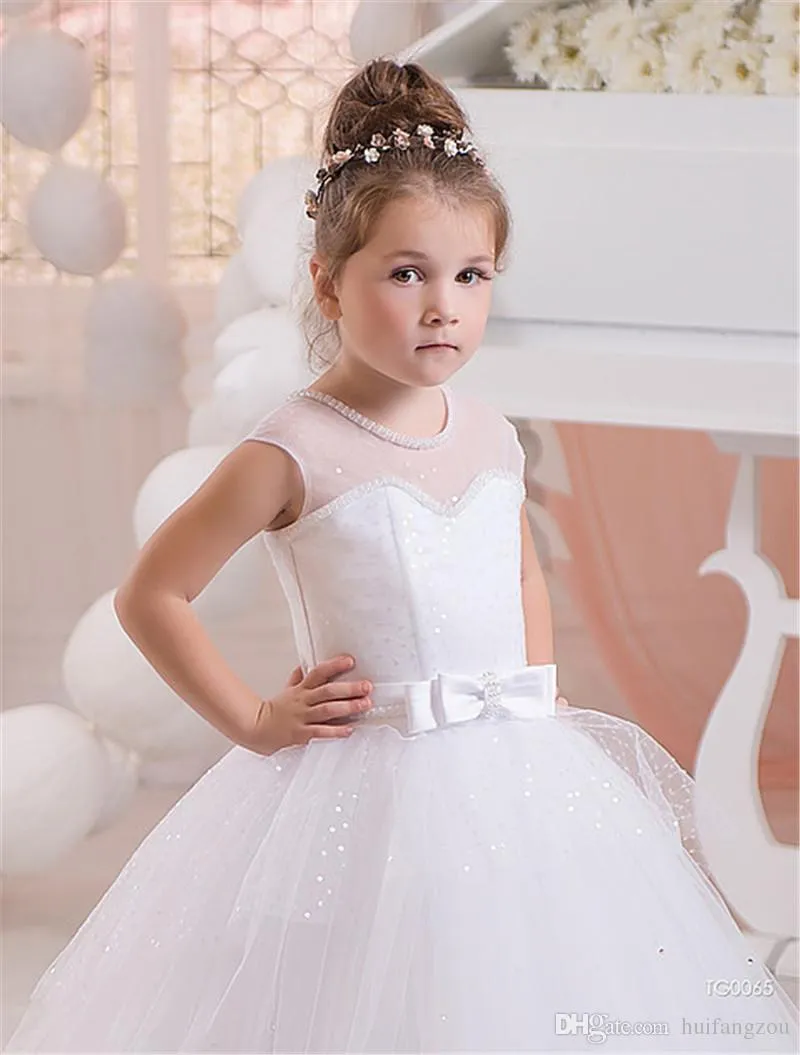 Bling Bling Sequins Lace Flower Girls Dresses For Weddings Sleeveless Lace Up Back Kids Wears White Dress For Communion Wedding206u