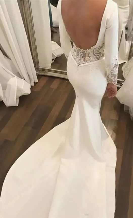 Simple Design Wedding Dresses 2018 Sexy Backless Mermaid Long Sleeves Bridal Gowns Lace Hollow Sweep Train Cheap Wedding Dress