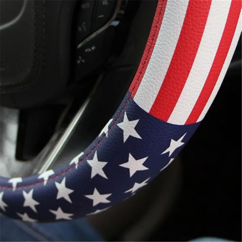 Elegante coprivolante in pelle PU Coprivolante volante Il volante con stampa della bandiera nazionale USA copre le auto atp210