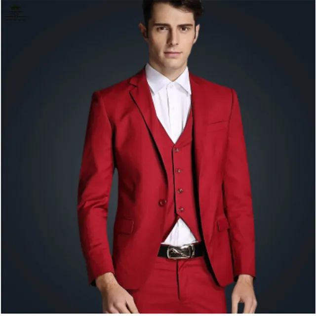 Bräutigam Smoking Trauzeugen One Button Red Revers Revers Trauzeuge Anzug Hochzeit Herren Blazer Anzüge nach Maß (Jacke + Hose + Weste + Krawatte) K203