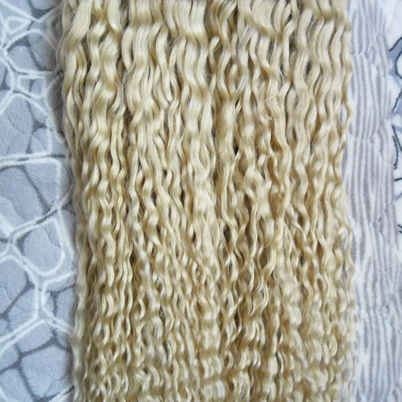 Blondes, verworrenes, lockiges Haar, U-Spitze, menschliche Haarverlängerungen, 200 g, 1 g/Strähne, natürliche Keratinkapseln, vorgebundene Fusion-Haarverlängerungsstabspitze