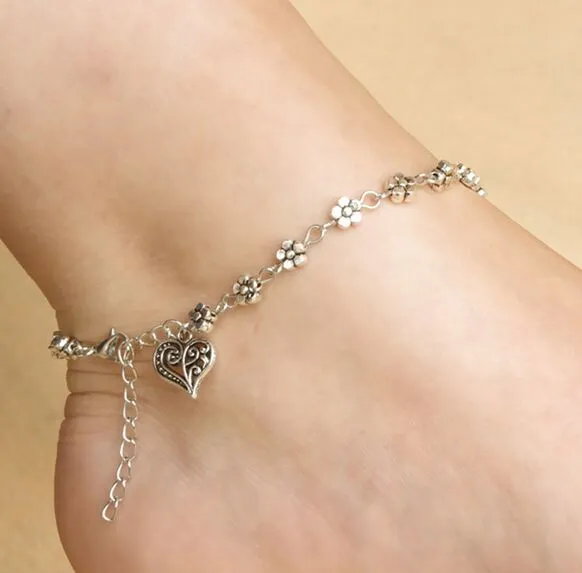 12pcs/lot Retro Tibetan silver hollow silver plum flowers foot ornaments peach heart shaped Anklet bracelet