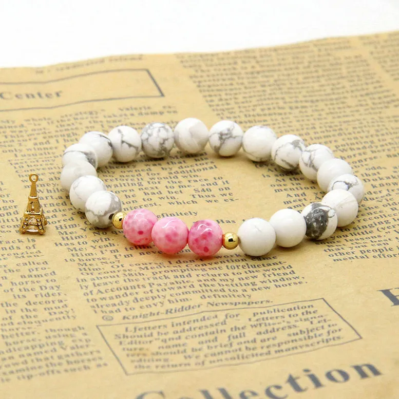 New Designs Couples Jewelry Wholesale 8mm Matte Agate And White Howlit Pink Stone Distance Lovers Bracelets