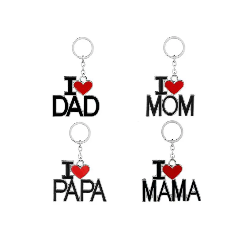 Neue Schlüsselanhänger mit Buchstaben I Love PAPA MAMA DAD MOM Red Love Heart Schlüsselanhänger Ketten für Vatertag Muttertagsgeschenk