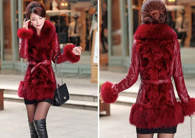 Wholesale-2015 women's plus size winter down coat fur hood 4xl genuine leather jacket women with real fur free shipping