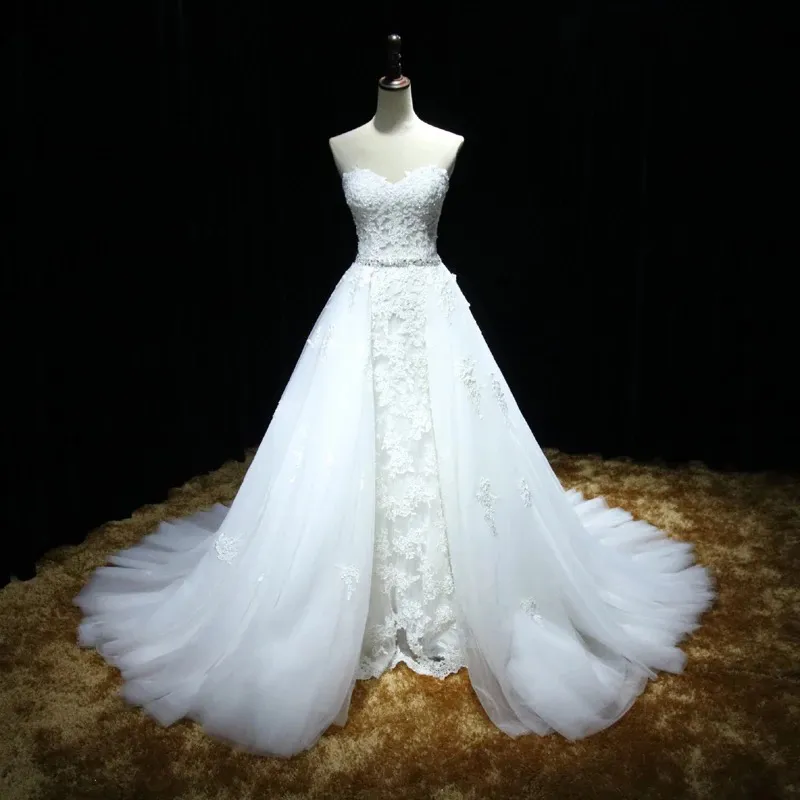 Элегантное свадебное платье со съемным поездом Overskirt милая рукавов бисером кружева аппликации кристаллы пояса кружева up корсет свадебное платье
