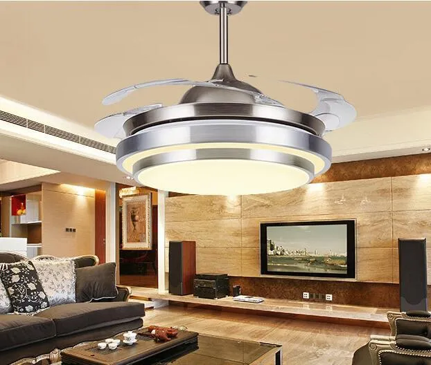 31 8/9" Round Chrome Modern Shaped teto Luzes Fan com dobrável Lâminas Invisíveis 100-240V invisíveis ventiladores de teto luz LED LED