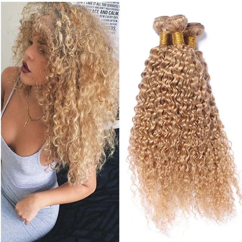 Honig Blonde Verworrene Lockige Menschenhaar-Webart Jungfrau Malaysian Hair Einschlagbündel 27 Afro Verworrene Lockige Blonde Haarverlängerungen / 