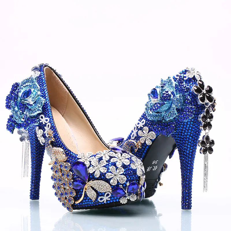 Prachtige strass trouwschoenen blauwe kristallen bruid jurk schoenen bloem en phoenix platform hakken cinderella prom pumps