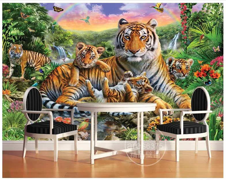 High End Benutzerdefinierte 3d Fototapete Wandbilder Tapeten Tropischer Regenwald Tier Tiger Pflanze Wald Wasserfall Schmetterling Wand Wohnkultur