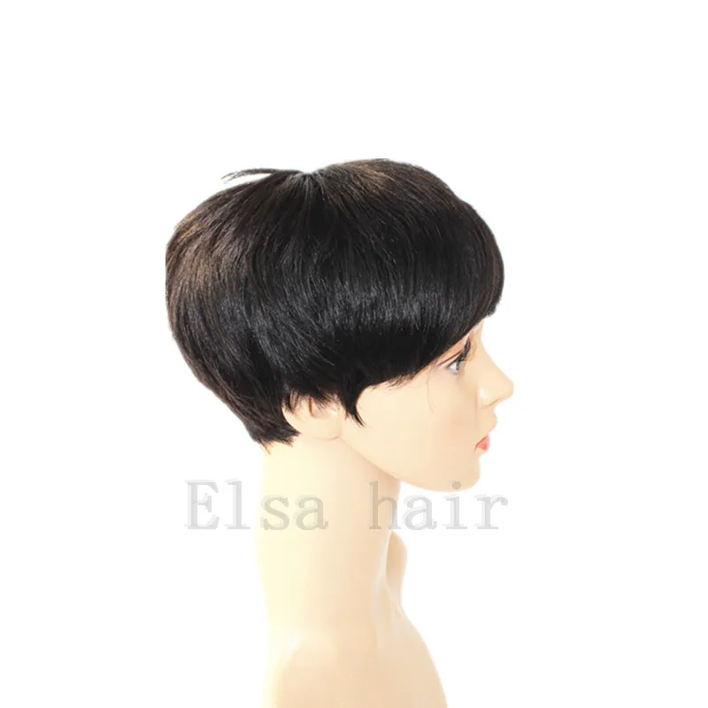 Court pas cher coupe de lutin humain naturel noir cheveux sans colle pleine perruque pour les femmes noires humain noir cheveux coupe courte Wigs9986913