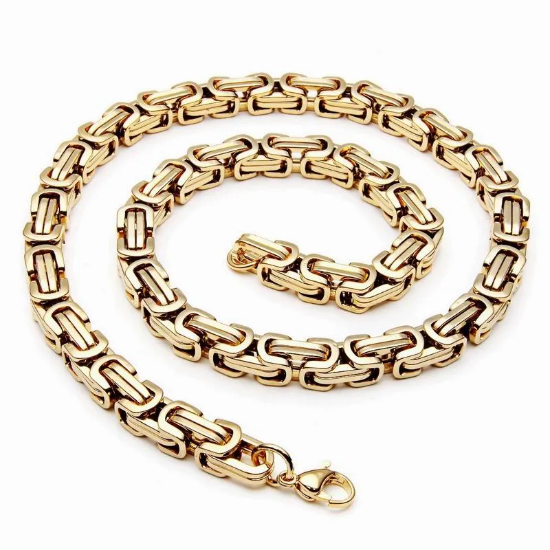 Wholesale 8mm Stainless Steel Mens Necklace Bracelet Set Byzantine Chain Black/silver/gold color 55CM necklace