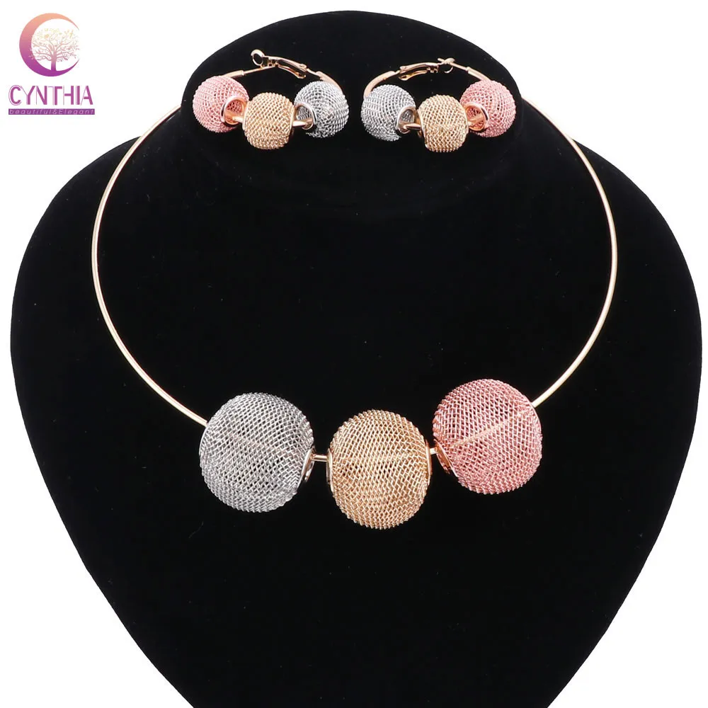 Women Gold Plated Spherical Hollow Boho Red Golden Gray Crystal Jewelry Sets With Earrings Statement Necklace For Party Necklace