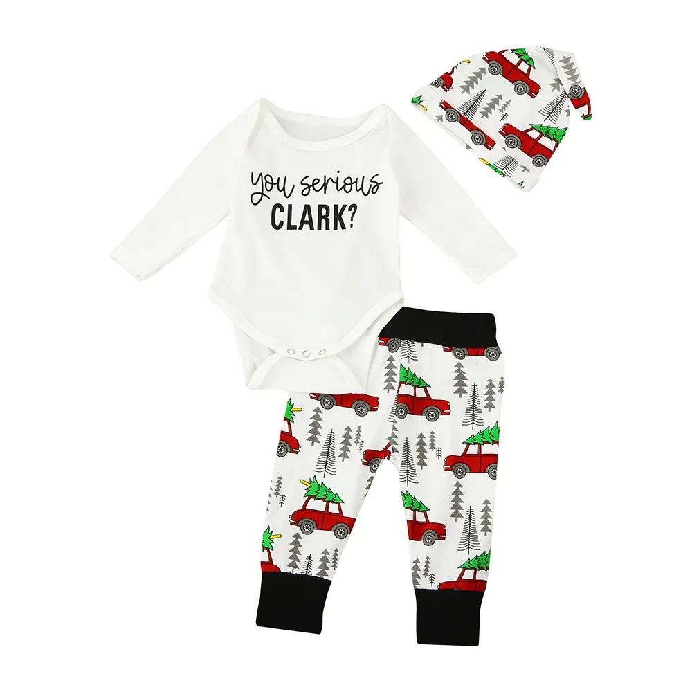 Baby xmas halloween pompoen outfits kinderen auto kerstboom print hoed + romper + broek 3 stks / set kinderen katoenpakken 3 stijlen C2456