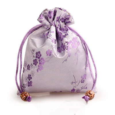 Cherry blossoms Small Silk Satin Bags Drawstring Jewelry Gift Packaging Pouch Candy Tea Makeup Tools Coin Storage Pocket with Lined