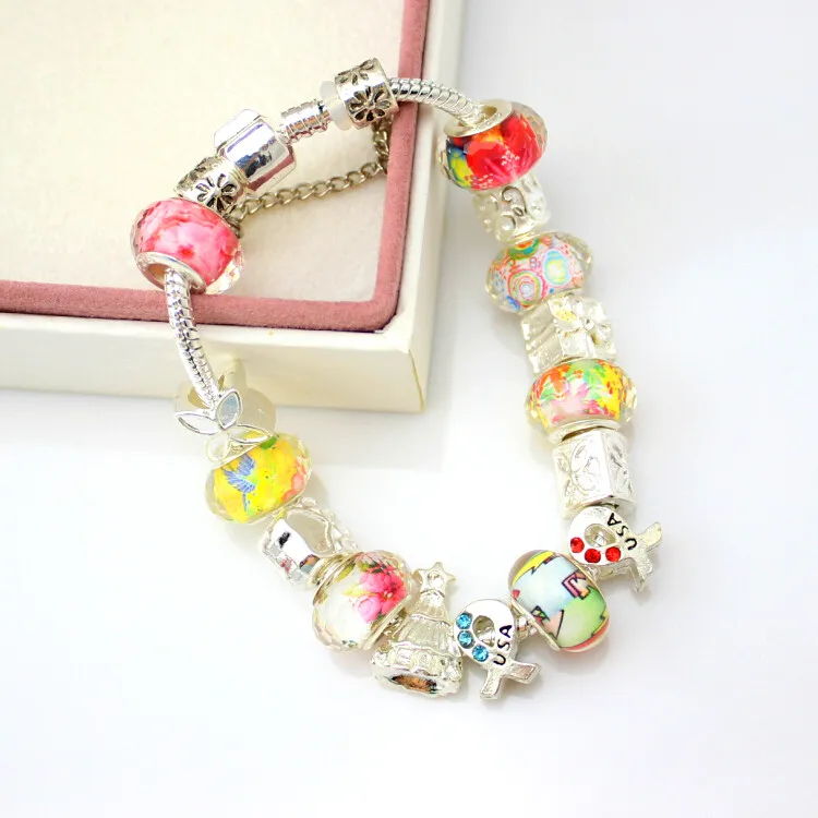 Colorful European Style Crystal charms Silver Plated Chamilia Beads Bracelet & Bangles for Women with Acylic Beads