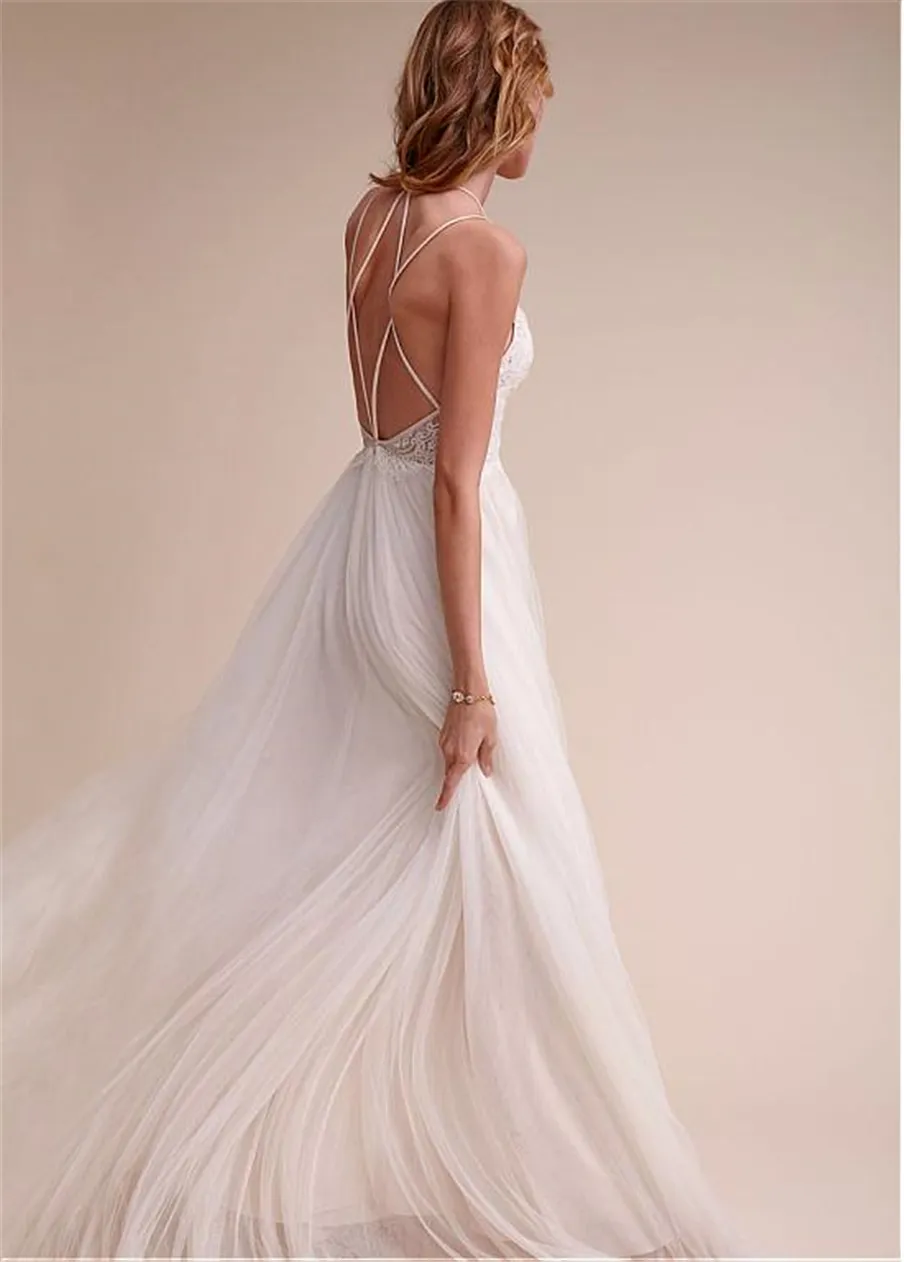 Charmeuse Spagetti sapanlar A-Line Gelinlik Dantel Aplikler Açık Geri Şık Tül Gelin Giydirme vestidos de casamento