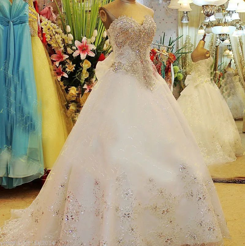 Sweetheart Luxury Wedding Dress Real Photo With Swarovski Crystal Ball Gown Lace Applique Court Train Tulle Diamond Bling Bridal Gown