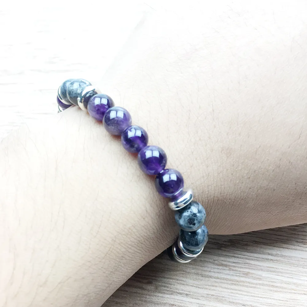 SN1023 Men armband Amethyst Black Labradorite Boho Armband Helande smycken Natur Yoga handled mala pärlor armband 216n