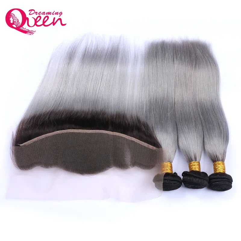 1B Grey Straight Ombre Brazilian Virgin Human Hair Extensions 3 Bundles With 13x4 Ear to Ear Lace Closure With Baby Hair Prepluck5361062
