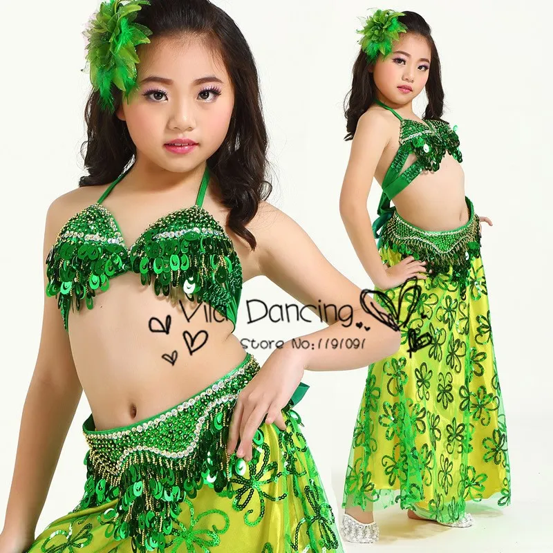 Kids Belly Dance Costume Set Bra Belt Skirt For Girls Indian Dance