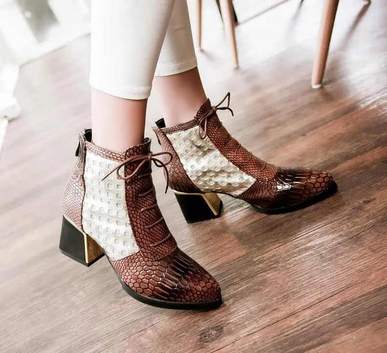 Moda Sivri Burun Yılan Baskı Çapraz kravat Ayak Bileği Çizme Tırnak Yüksek Topuklar Kısa Çizmeler Sonbahar Çizmeler Ayakkabı Yaz Kadın Ayakkabı