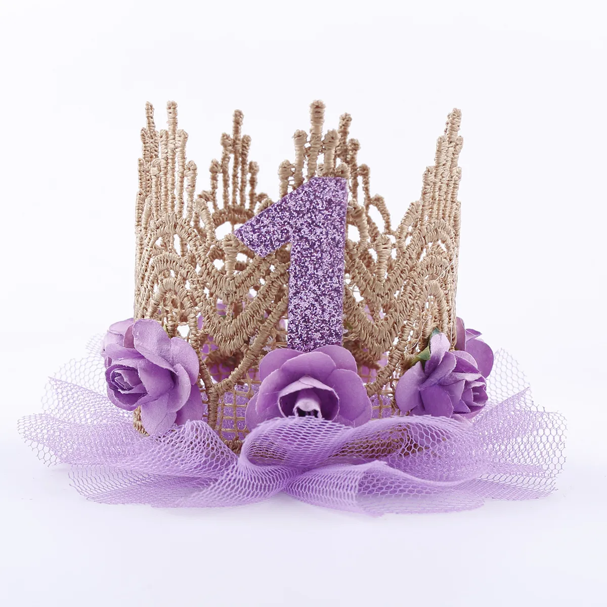 Couronne de fête scintillante en or pour bébé, 1er anniversaire, en dentelle artificielle, fleurs de roses, bandeau diadème, HJ153, nouvelle collection