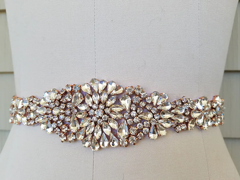 Handmade Rose Gold Rhinestones Appliques Wedding Belt Clear Crystal Sewing on Bridal Sashes Wedding Dresses Sashes Bridal Accessories T17