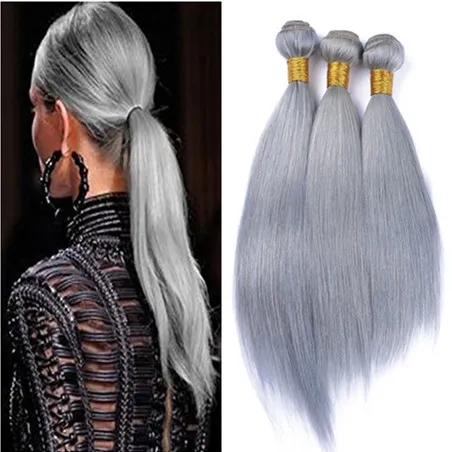 Virgin Brasilian Silver Grå Human Hair Extensions 3st Silky Straight Virgin Remy Hair Weaves Pure Gray Color Human Hair Buntles 10-30 "