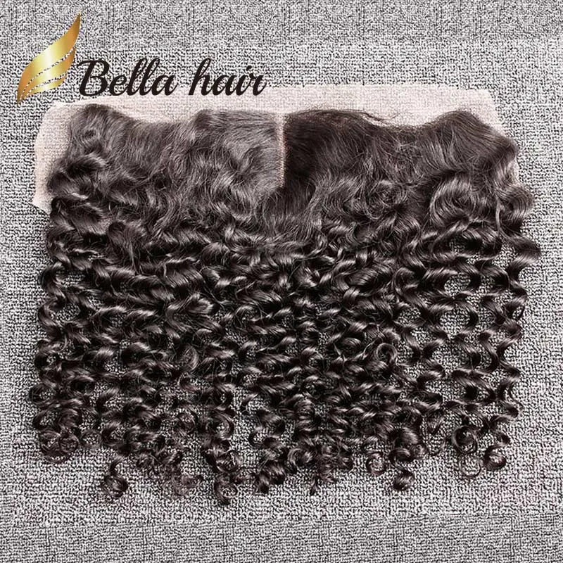 Bella hår 13x4 Curly Wave Brasilianska mänskliga hår spetsar frontal stängning med babyhår öron till örat indiska peruanska remy jungfru hår slingar färgbar naturlig svart färg