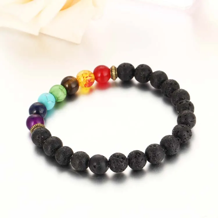 Moda 7 Chakra Pulsera Power Energy Pulsera Hombres Mujeres Moda Rock Lava Piedra Pulsera Mejor Vendedor Preferido