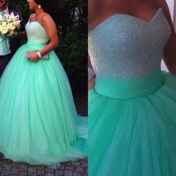 Suknia Balowa Suknia Ślubna Light Green Tap Tulle Suknia Sweetheart Neck Sequined Sweetheart Neck Bez Rękawów Sweet Sweep Moda 2017