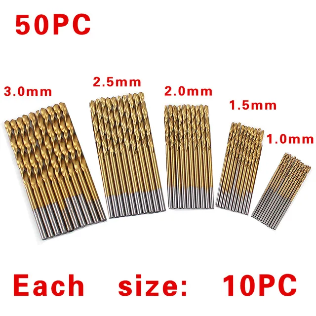 50 stks / set Twist Boor Set Zaag Set HSS Hoge Staal Titanium Coated Boor Houtbewerking Hout Tool 1 / 1,5 / 2 / 2,5 / 3mm voor metaal