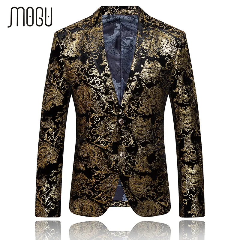 Wholesale- MOGU Gold Printed Blazer Men Floral Casual Blazer 2017 Spring New Arrival Fashion Men's Slim Suit Jacket Plus Asian Size M-6XL