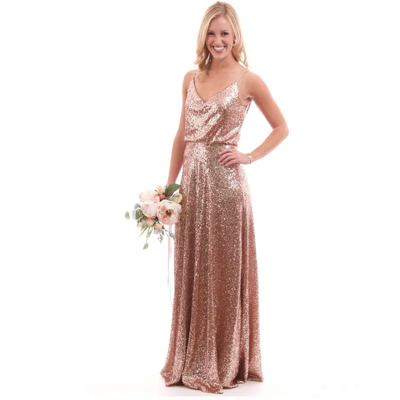 Country Style Shiny Gold Sequin champagne Sequin bridesmaid dresses with Spaghetti Straps - Perfect for Spring 2019 Weddings and Guests