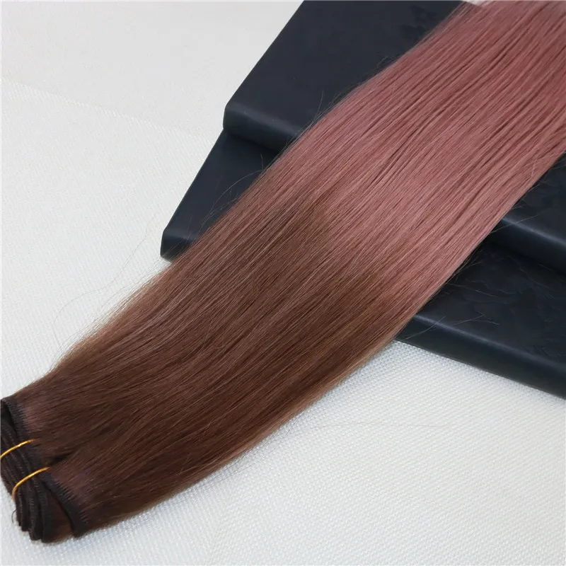 100 estensioni dei capelli umani russi vergini omber non trasformati in oro rosa con riflessi capelli remy tessitura dritta cucire in doppia trama Hai2888565