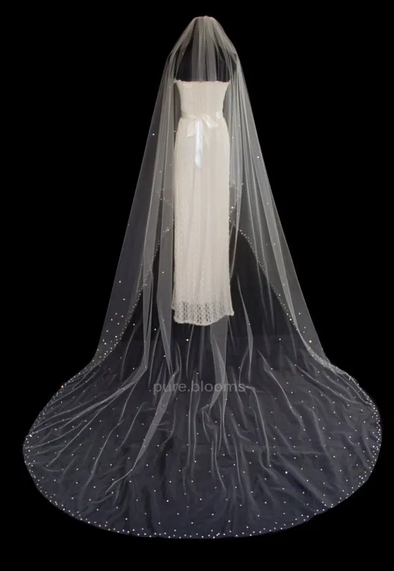 New Arrival  One layer Cathedral Length White Ivory Wedding Veil Crystal Bridal Veils With Comb