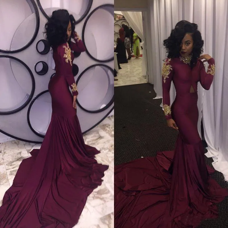 DHgate Elegant Burgundy Mermaid Evening Dress with Gold Lace Applique High Neck Arabic Formal Prom Gown Wedding Party Events