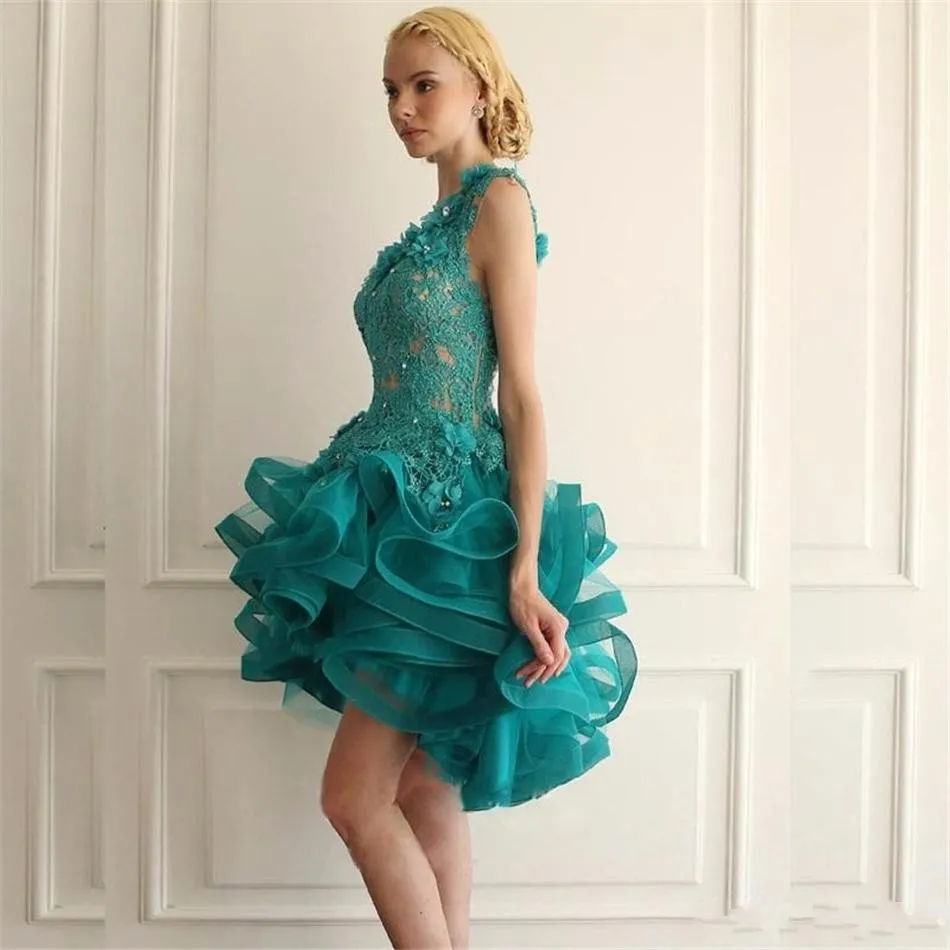 Emerald Green Short Prom Dress Appliques Lace Tiered Organza High Low Backless Formal Party Gowns Custom Made