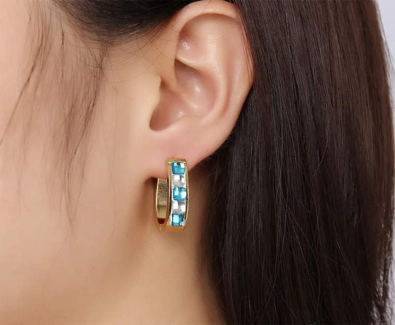 Fashion Blue Stone Earrings for Women Stainless Steel Gold Plated Women Hoop Earrings Jewelry