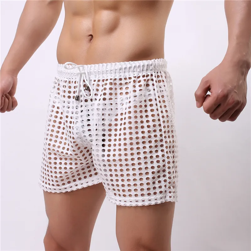 Novos homens eróticos boxer shorts underwear gay moda malha escavar ver através respirável nightwear sexy boxer sleepwear masculino clubwear