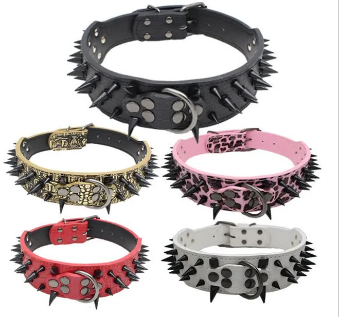(20 Pieces/Lot) Hot Sale 7 Colors 2inch Leather Studded Black Sharp Spikes Dog Pet Collar for Pit Bull