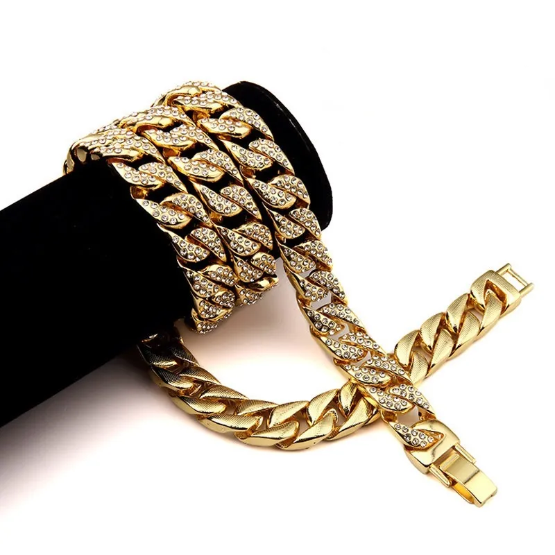 Heavy 24K Solid Gold Plated MIAMI CUBAN LINK Exaggerated Shiny Full Rhinestone Necklace Hip Hop Bling Jewelry Hipster Men Curb Chain