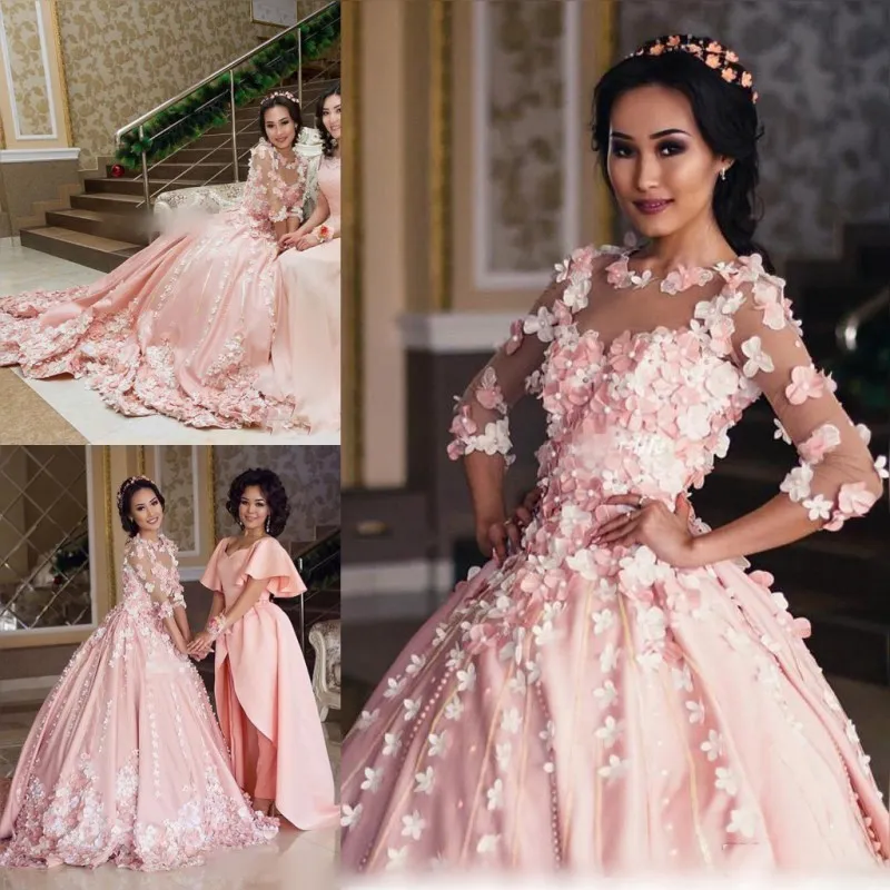 Wspaniały Różowy Sheer Szyi Suknie Ślubne Aplikacje Perły Zroszony Rękawy Illusion Suknia Balowa Suknie Ślubne Sweep Pociąg Wedding Vestidos