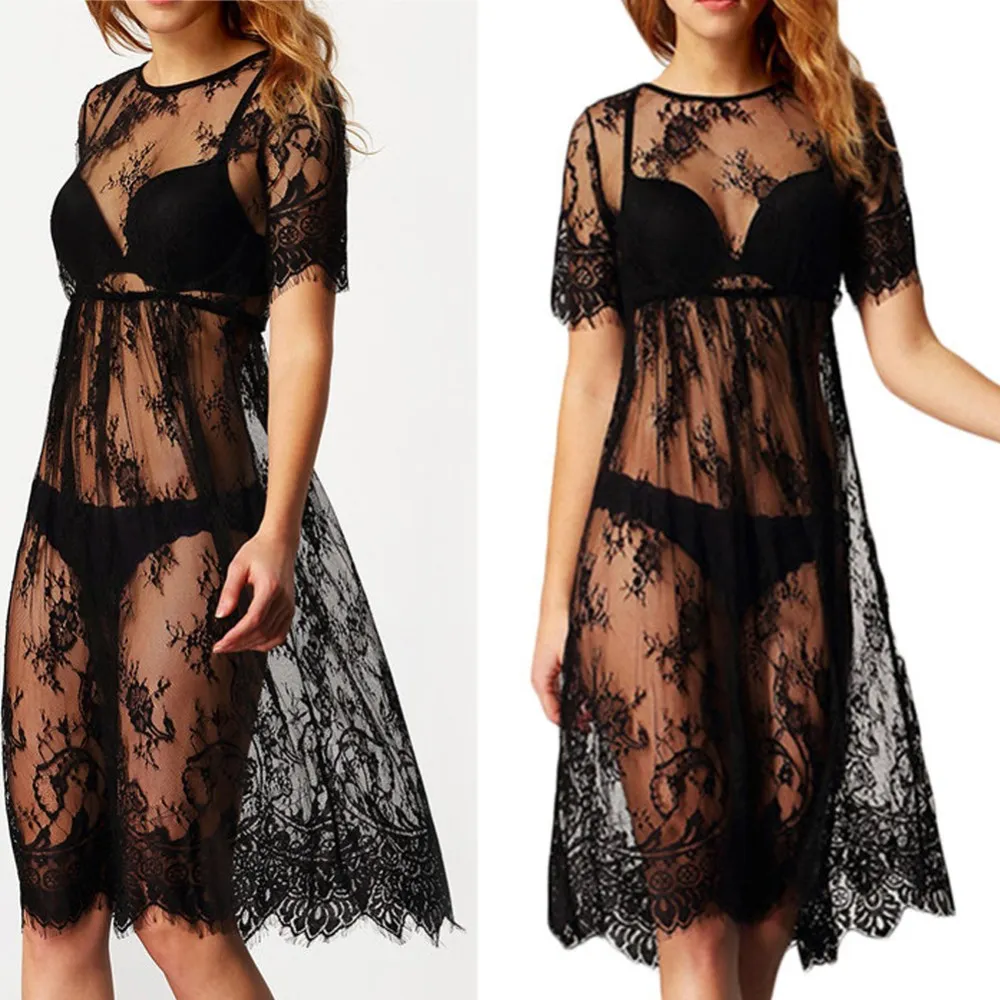 New Women Lace Dress Casual Long Black Short Sleeve O Neck See Through Beach Wear Dresses